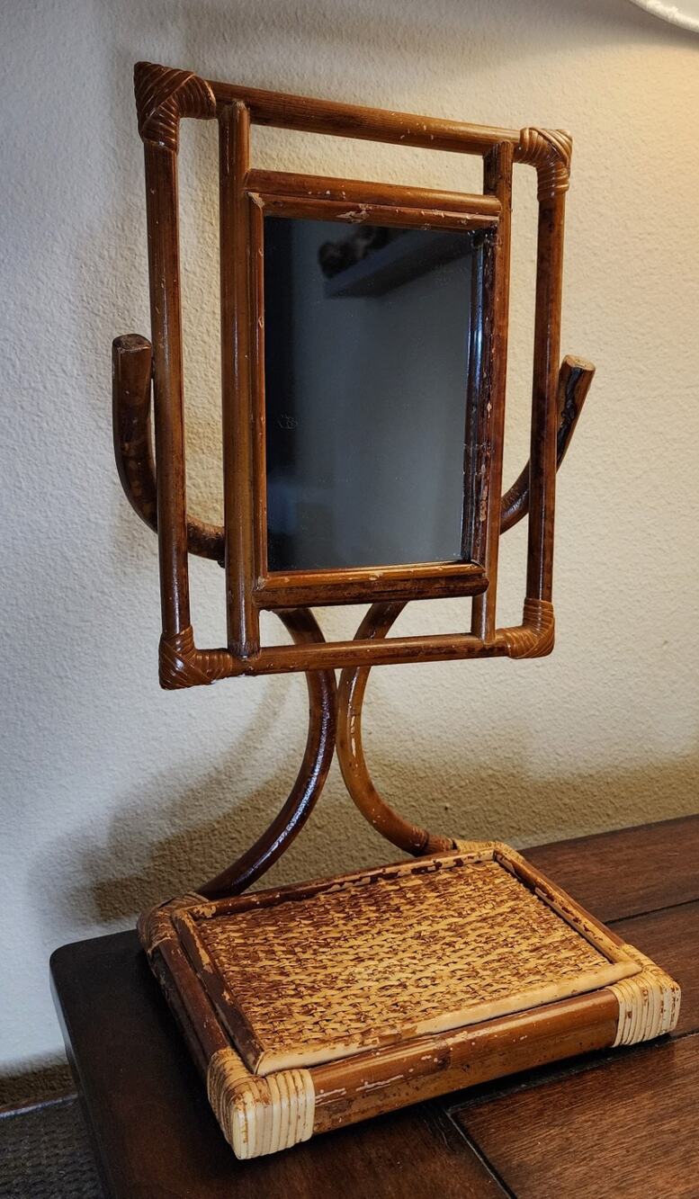 Vintage Rattan Bamboo Tabletop Adjustable Pedestal Mirror Vanity Boho Decor MCM